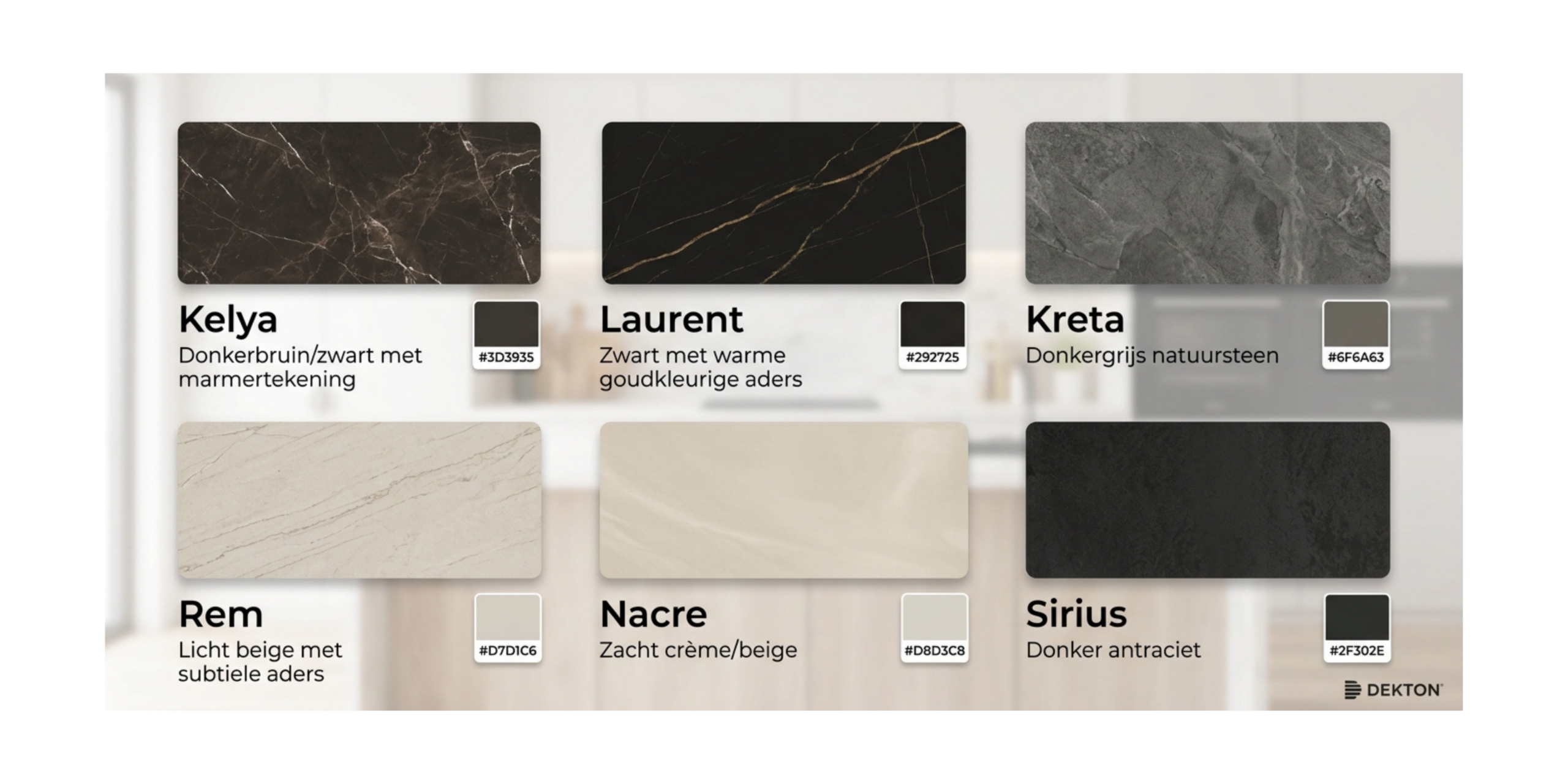 Dekton keukenblad kleurstalen met Kelya, Laurent, Kreta, Rem, Nacre en Sirius
